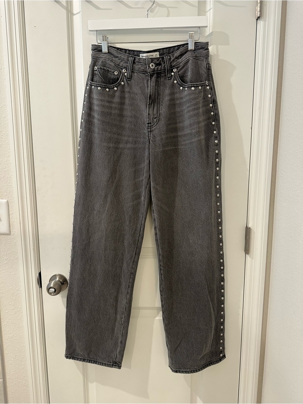 Abercrombie & Fitch Charcoal High-Rise Studded Straight Jeans